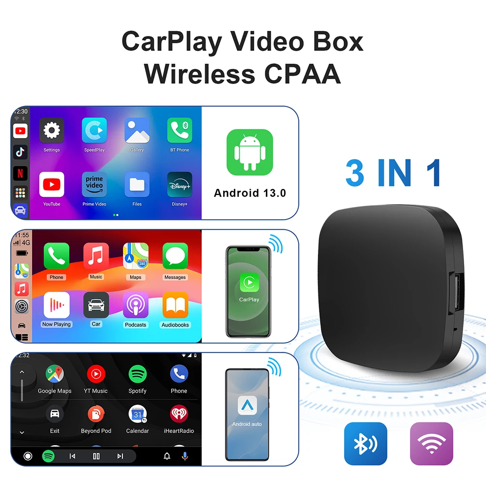 Dispositivo de TV inteligente para coche, dispositivo inalámbrico con Android 13, Carplay, Ai, WIFI, compatible con Netflix, YouTube, actualización FOTA