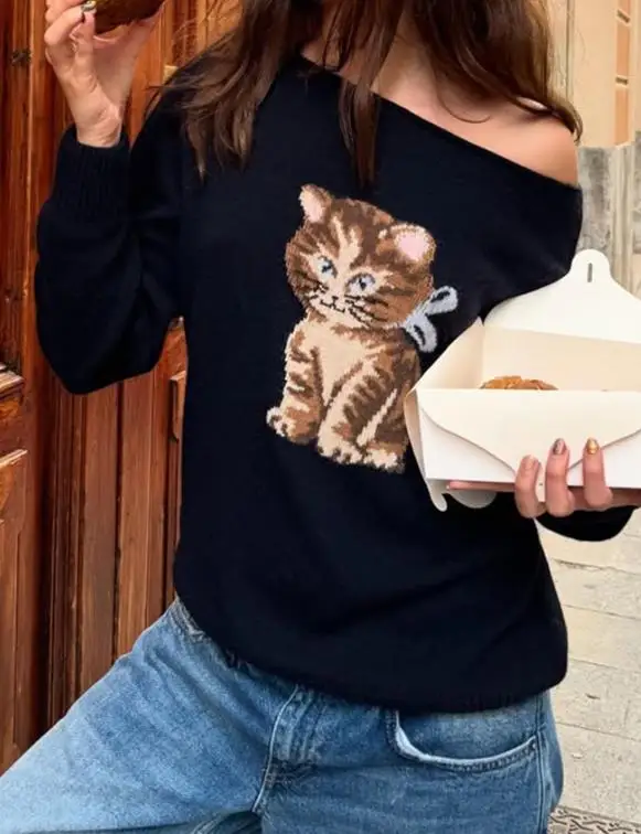 

Women's 2025 Autumn Winter Leisure Vacation Versatile Woolen Top Sweater Sexy Off Shoulder Diagonal Collar Elegant Sweater