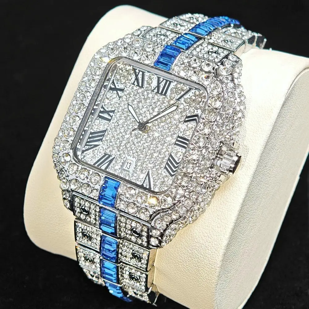 Fashion Watch For Men Brand UNIGUET Luxury Square Iced Out Quartz Watch Man Hip Hop Blue Diamond Jewelry Wristwatch Reloj Hombre