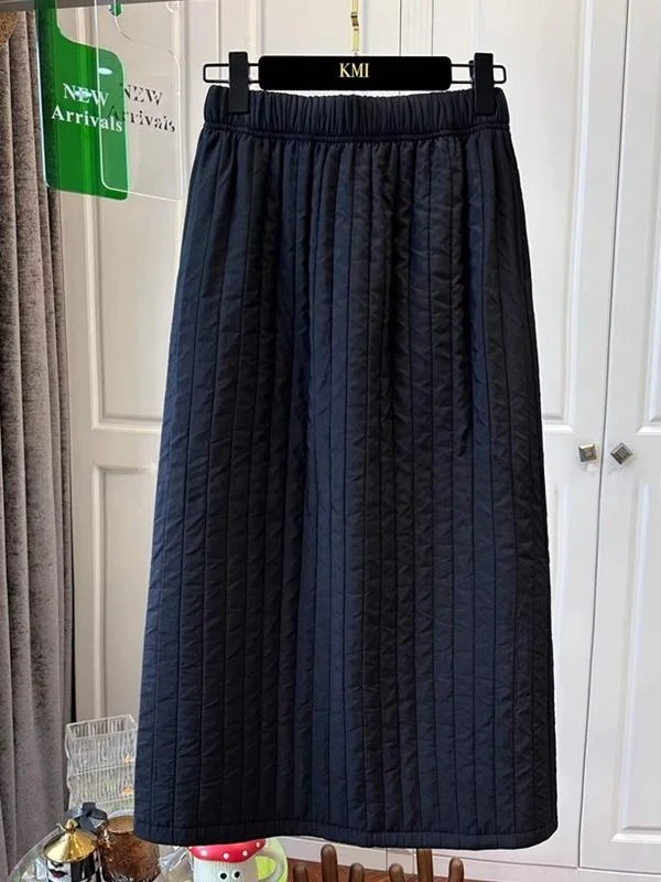 

Elegant A-Line Cotton Lined Midi Skirt Women's Winter Casual Skirt Elastic Waist Back Slit Design Slimming Warmth