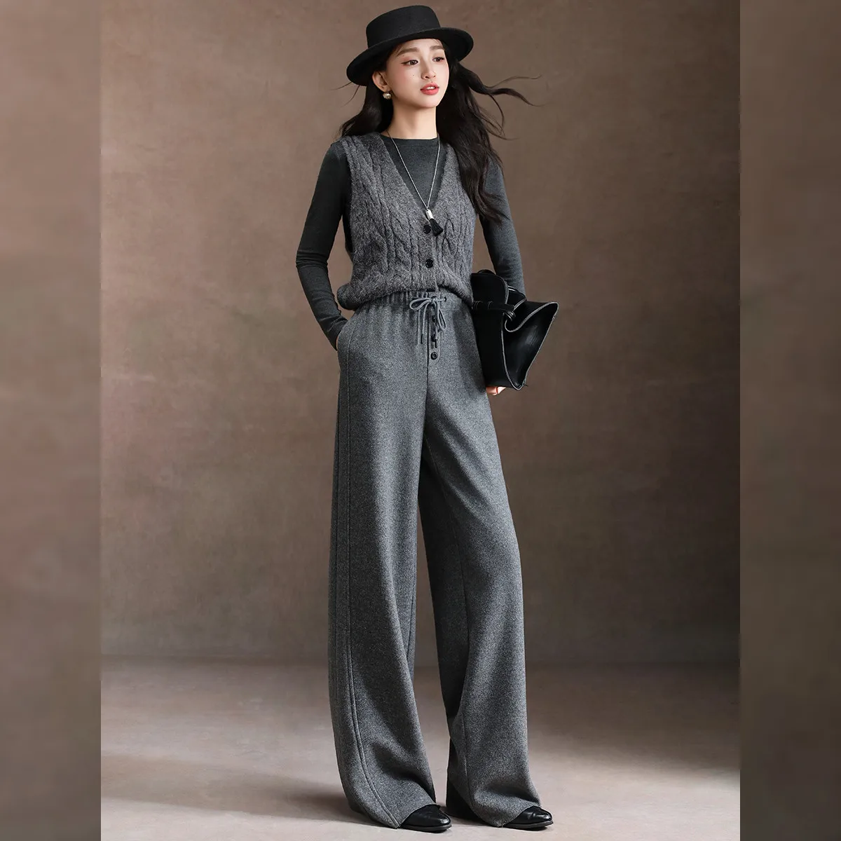 LOUIS YAO Women's Thick Knitted Straight Leg Pants 2025 Autumn Commuting Vertical Feel Drawstring Rubber Waist Casual Pants