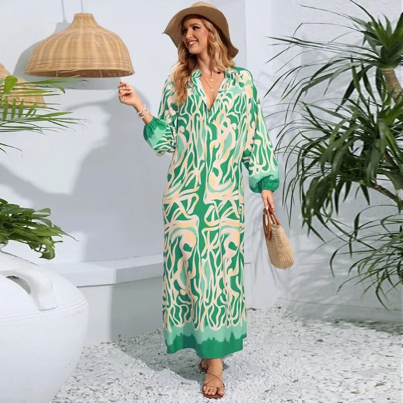 New 2024 Fashion Summer Holiday Dress Fairy V Neck Long Sleeves V-neck Casual Printed Dress Long Beach Seaside Photo Dresses