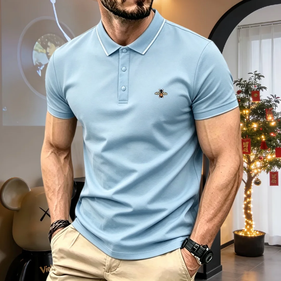 High end brand men's cotton short sleeved polo shirt summer fashion luxury striped series bee embroidery golf top casual T-shirt