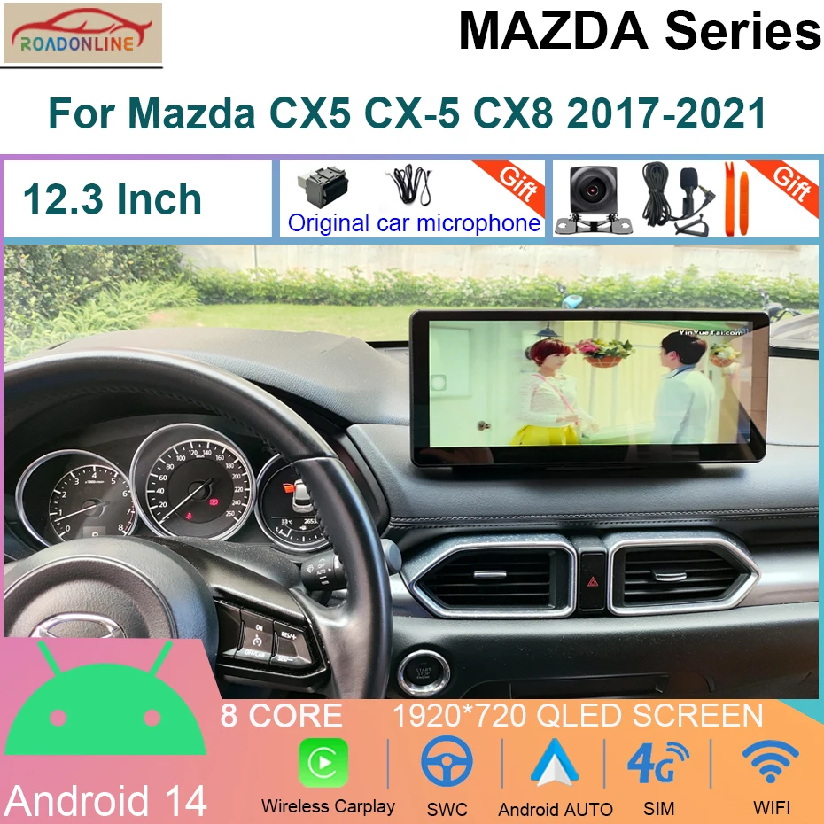 

12.3 Inch QLED Screen Multimedia Video Player For Mazda CX5 CX-5 CX8 2017-2021 CarPlay Android 14 Car Radio 8+256GB WiFi 4G