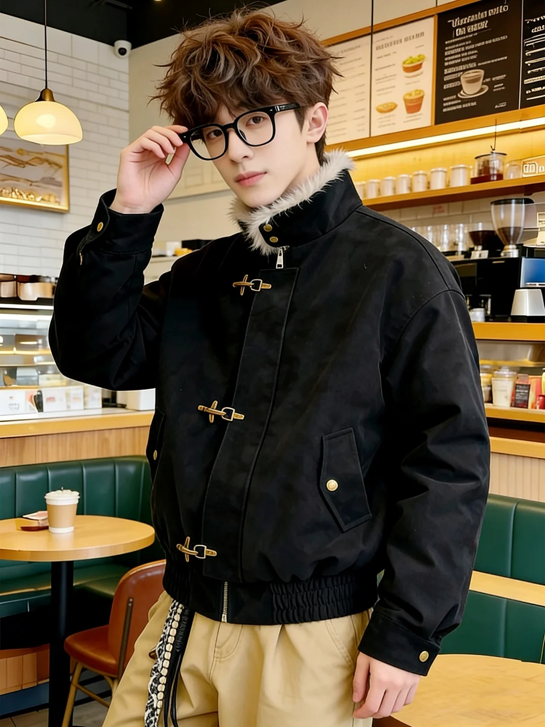 

American Sle Aircrt Bule Matte PU Leather Cotton Jaet Men's Winter Thiened Fur Collar Mountaineering Coat Warm Stan...