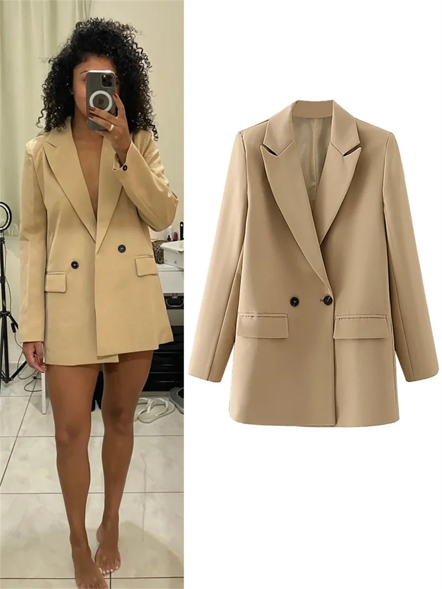 Chic Office Lady Double Breasted Blazer Woman Long Sleeve Vintage Coat Fashion Blazers Jacket Casual Outerwear Stylish Tops 2024