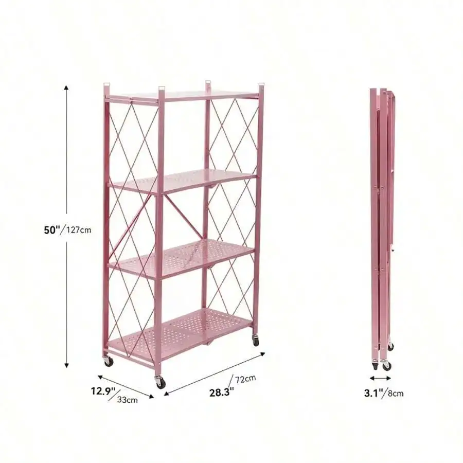 Upgraded 4-Tier Foldable Storage Shelf With Wheels ,Collapsible Shelving Unit,750 Lbs Large Capacity Storage Trolley,Display Met