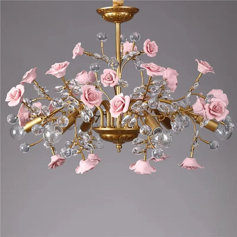 French retro wrought iron living room lamp crystal chandelier pink rose decorative atmosphere bedroom room ceiling chandelier