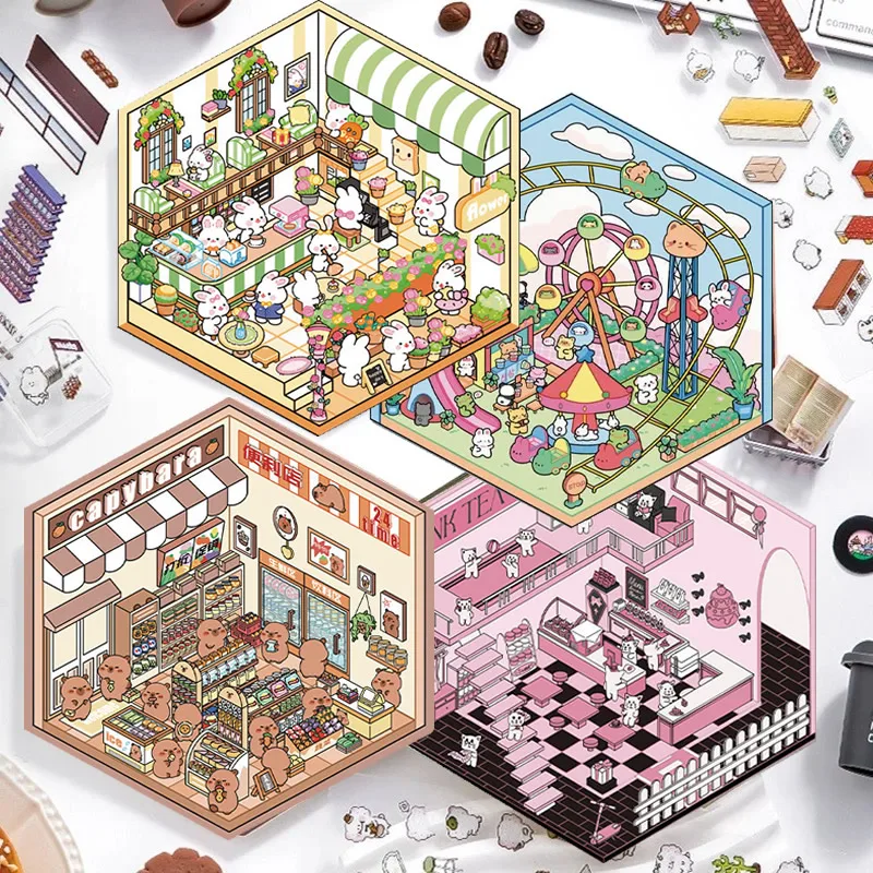 Cartoon 3D Animal Miniature Scene Stickers Kawaii Kapibala Cat DIY Simulated Cabin Sticker Pack School Accessories Gift Toy