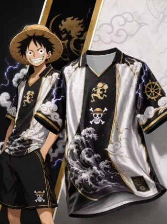 Nika Luffy One Piece Harajuku V Neck Collared Polo Football Jersey Trendy Casual Street Sports T Shirt Family Matching top