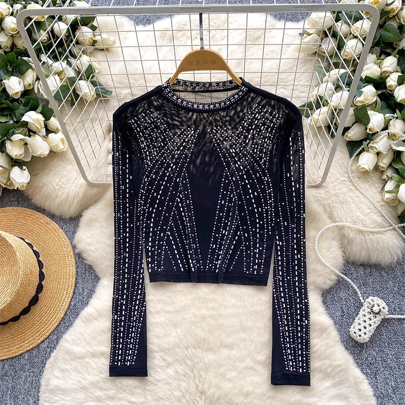 

European Station Long Sleeve Women Tees Autumn Winter New Stand Collar Hot Diamond T Shirt Fashion Slim Mesh Tops T-Shirt Trendy