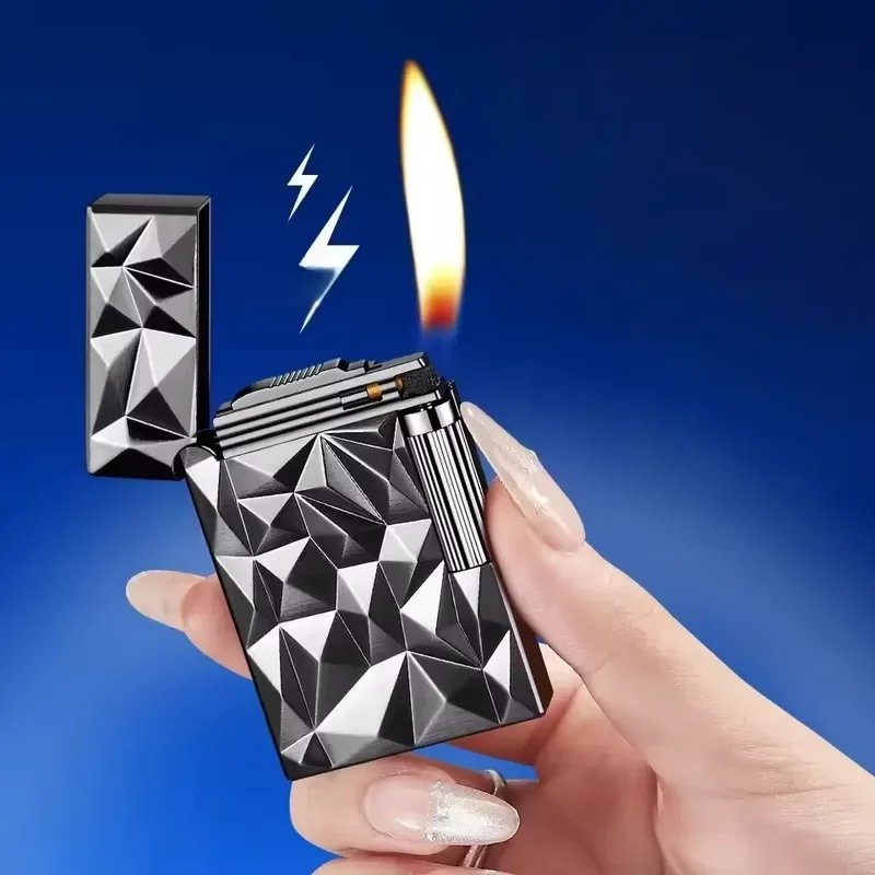 New Side Sliding Grinding Wheel Oblique Fire Lighter Portable Outdoor Inflatable Carved Langsheng Steel Sound Lighter Men's