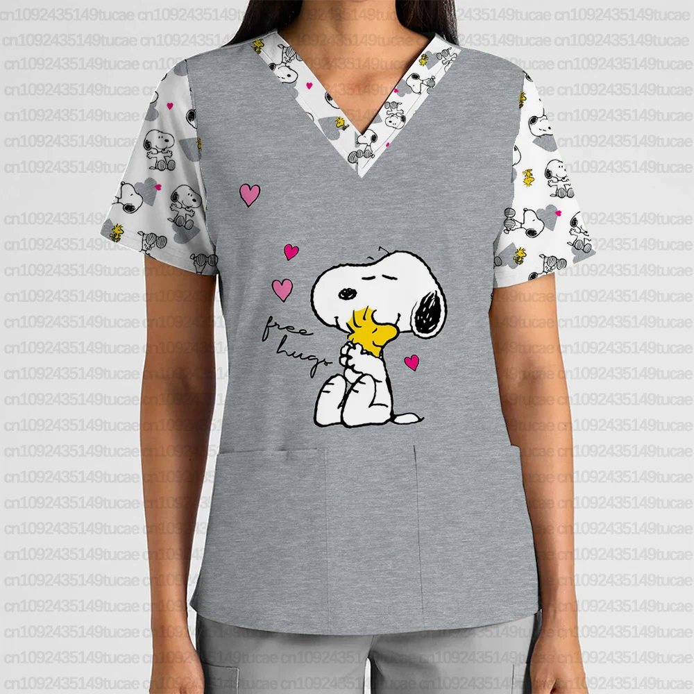 

Summer New Women's Work Uniform Snoopy Cartoon Print V-Neck Pocket Scrub Top Dental Beauty Salon Work Uniform T-Shirt