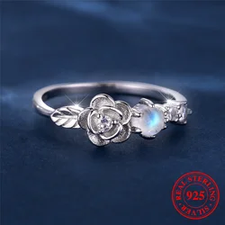 Cute Female Small Round Nature Moon Stone Flower Ring Vintage Real 925 Sterling Silver Wedding Jewelry For Women