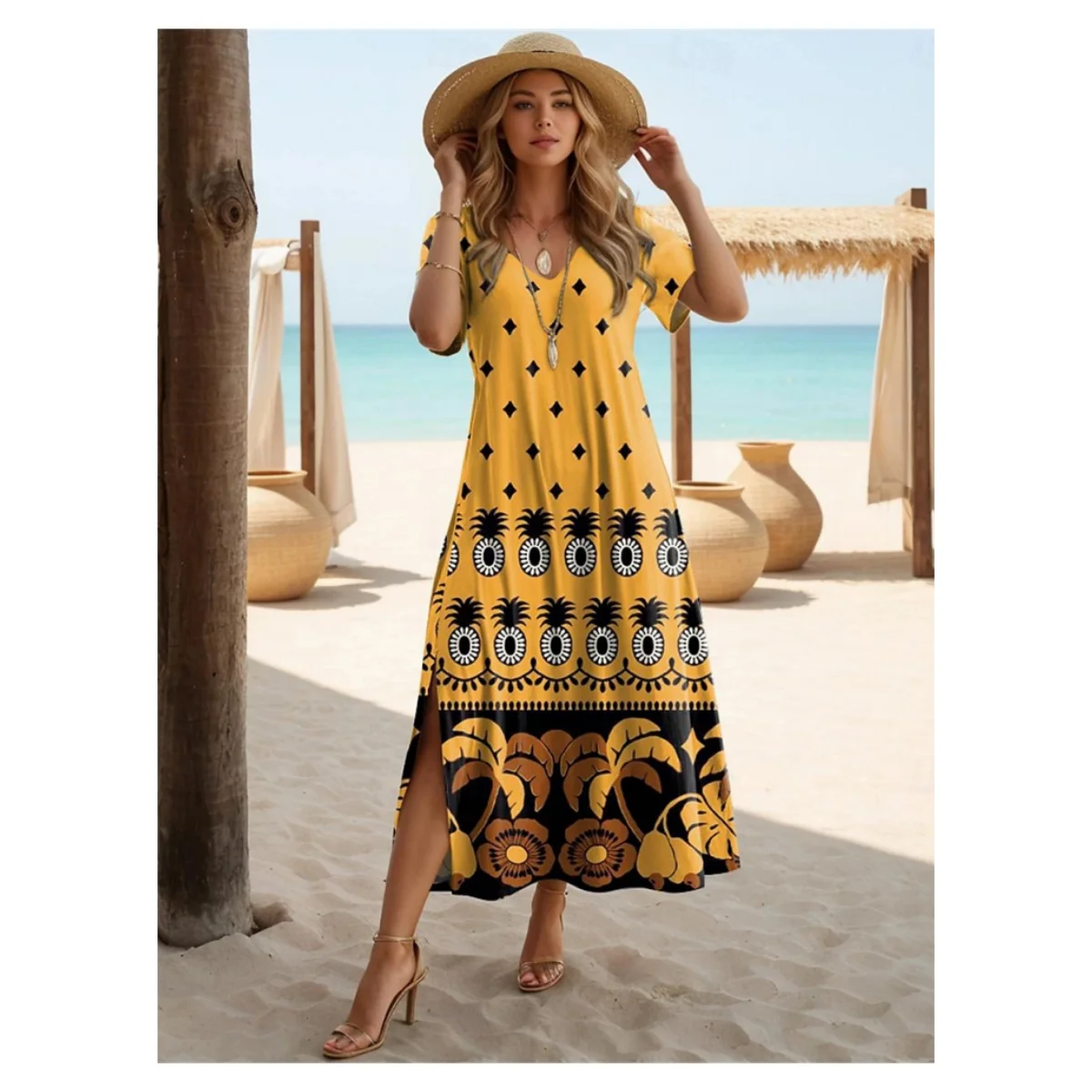 Folk Style Dresses For Women Fashion V-Neck Long Dress Short Sleeve A-Line Skirt Party Slit Dress Summer Holiday Woman Clothing