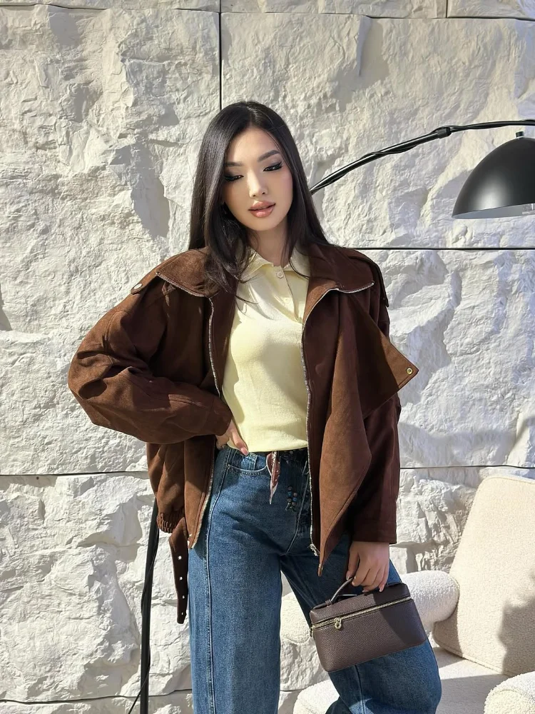 Lässige Kaffeebraune Kurze Jacke für Damen, Schicke Einfarbige Langarm-Jacke mit Reißverschluss und Taschen, Locker Geschnittene Cropped-Jacke 2026, Damen-Pendler-Streetwear-Mantel