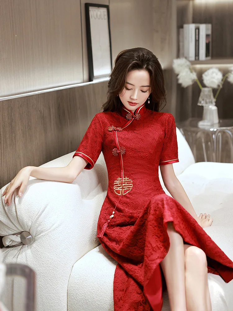 Improved Cheongsam Lace Short Sleeve Qipao Lady Elegant Dress New Chinese Style Dressing Gown Vintage Wedding Party Vestidos