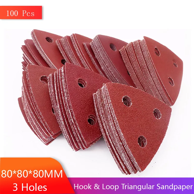 100Pcs Hook and Loop Triangular Sandpaper 3 Holes Assorted 40-400Grit Sanding Discs Fit 3-1/8