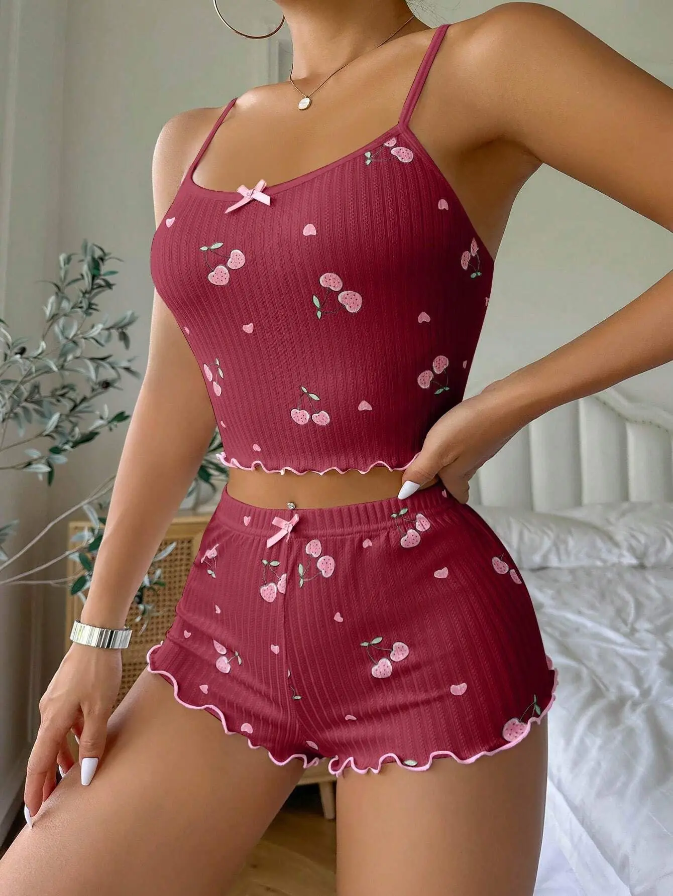 Sleepwear Women\'s Summer Pajama Set Heart Print Sexy Ribbed Bow Decor Round Neck Backless Crop Cami Top & Shorts Nightwear