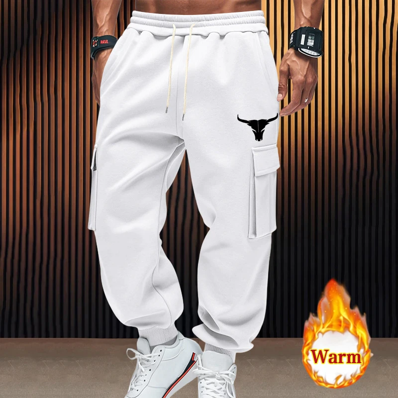 

Мужские флисовые брюки в уличном стиле, осенне-зимние повседневные спортивные штаны с принтом быка и несколькими карманами, модные спортивные штаны