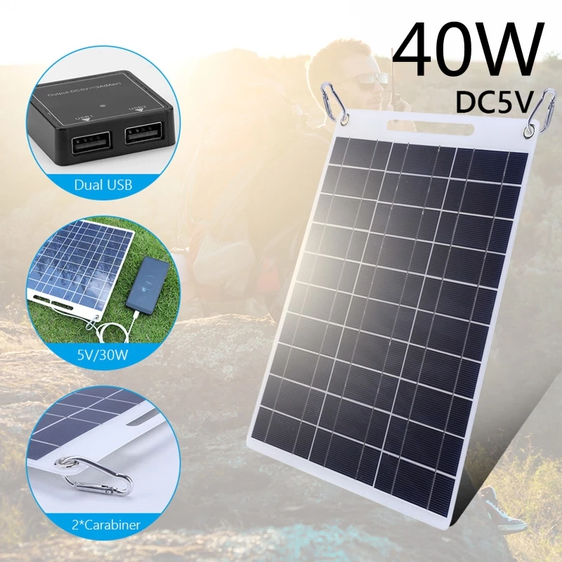 40W Solar Panel 5V Polysilicon Dual USB Flexible Portable Outdoor Solar Cell Car Ship Camping Hiking Travel Phone Charge 24BB