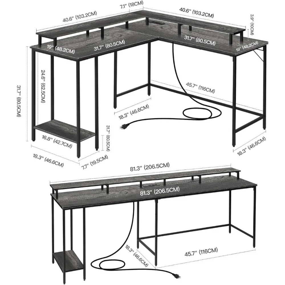 LED Lights and Power Outlet, Reversible Corner Office Desk with Monitor Stand, L Shaped Gaming Desk