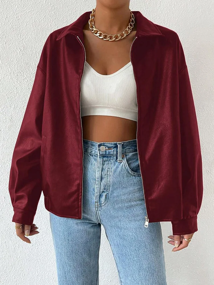 

Классическая женская куртка в стиле ретро, однотонная свободная осенне-зимняя темпераментная куртка в уличном стиле с длинными рукавами и лацканами на молнии, одежда