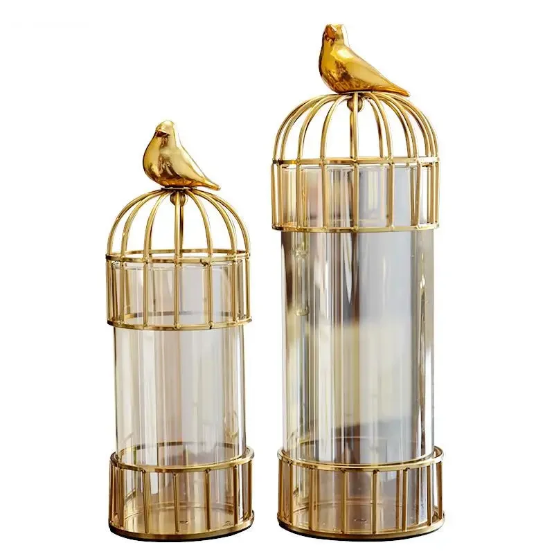 Glass Vase Golden Birdcage Candlestick Metal Rack Flower Arrangement Accessories Bird Modern Home Decoration Crafts