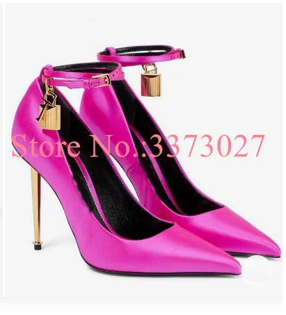 

Sexy Buckle Lock Metal Heel Lady Pumps Shoes New Pointed Toe Thin Heel Single Shoes Woman Large Size Rose Red High Heels Shoes