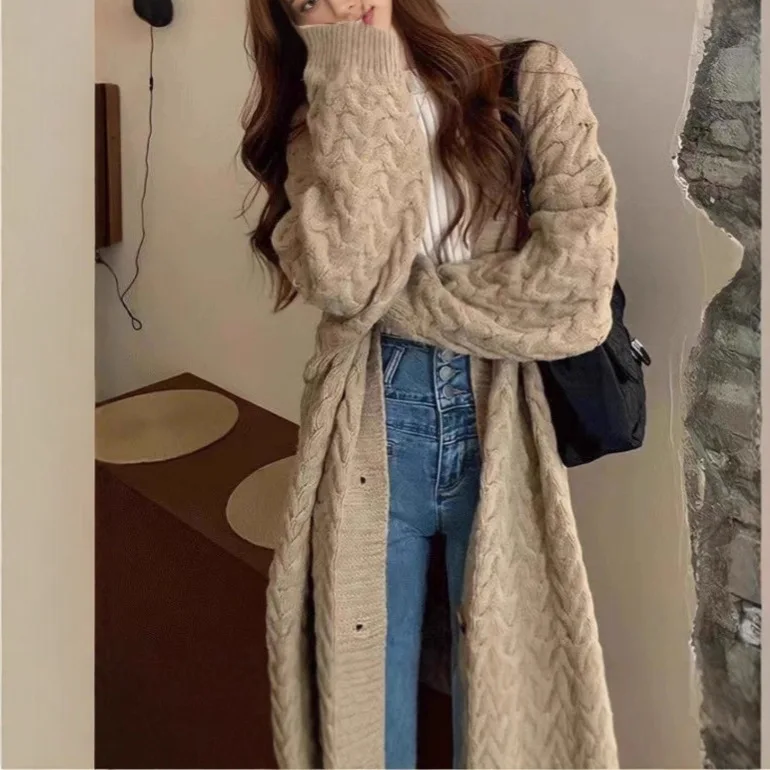 Women's Sweater New Casual Loose European American Fashion Turn Down Collar Knitted Long Coats Cardigan  Sweater Coat