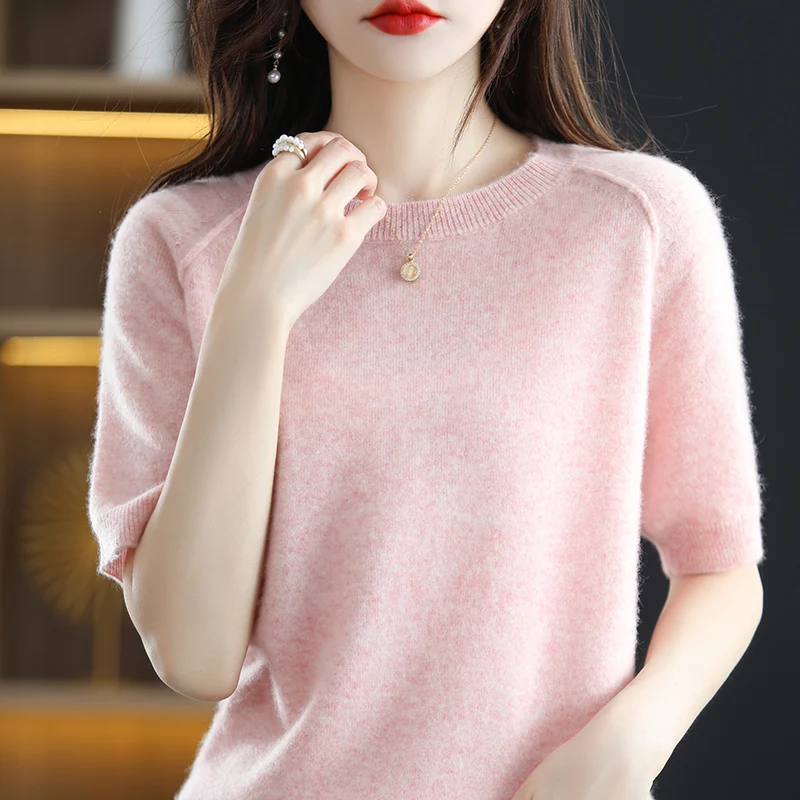 

100% pure wool T-shirt spring and summer new women's O-neck pullover short sleeve slim five-point sleeve knitted high-end top.