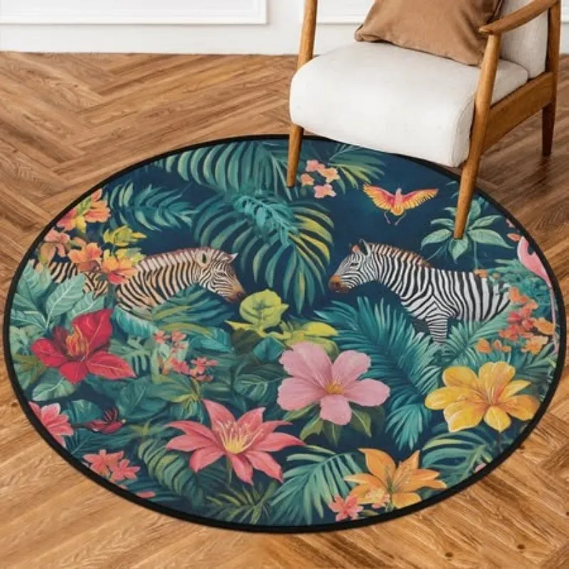 Floral Round Carpet Vintage Oil Painting Colorful Flower Large Area Rug Bedroom Vanity Table Accent Floor Mat