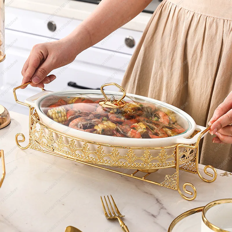 Light luxury oval ceramic soup pot Home hotel restaurant Matte glazed candle heating plate with lid Binaural dry pot