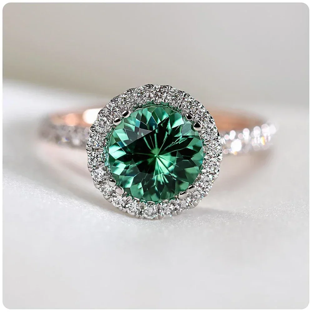 New Fashion Luxury Solitaire Green Zircon Women Wedding Anniversary Ring Two Tone Elegant Lady Evening Party Ring Jewelry