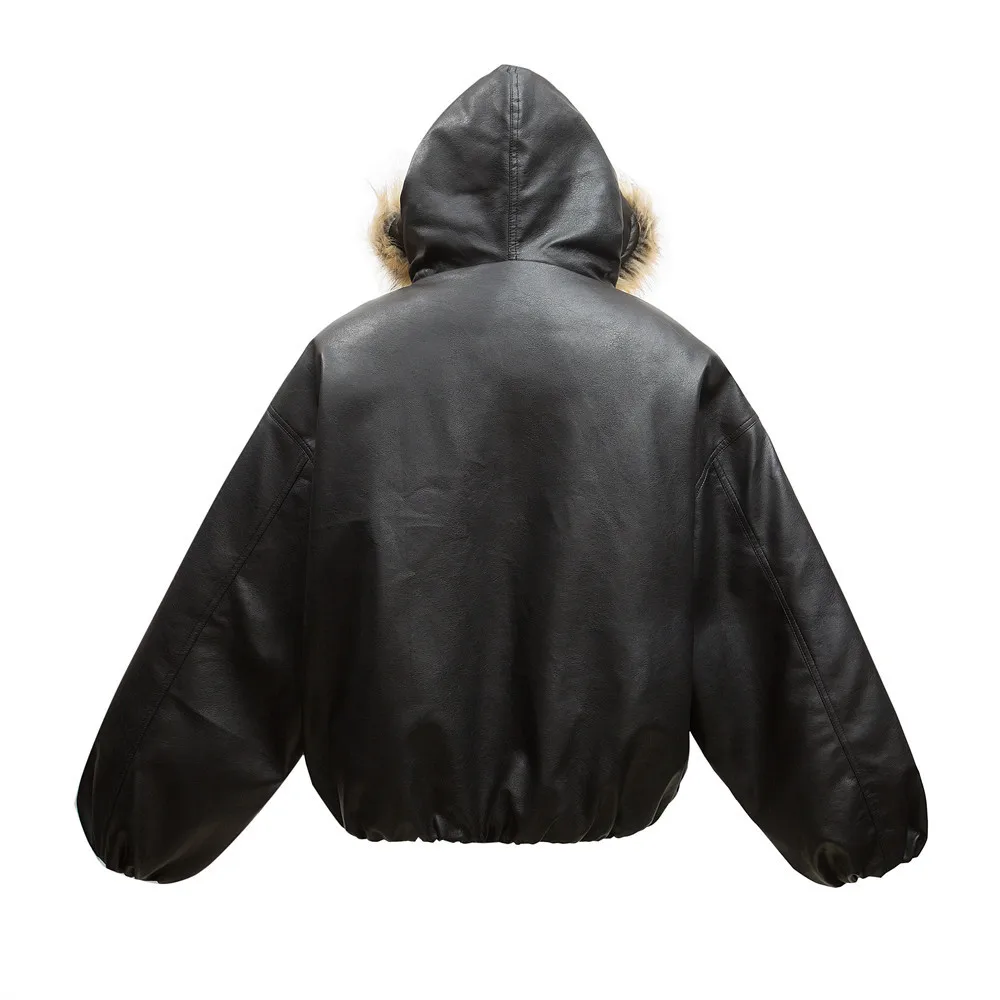 2025 الشتاء الرجال مشعر طوق مقنعين بولي Leather سترة جلدية منفذها القطن سميكة معطف دافئ النمط الأمريكي ملابس خارجية