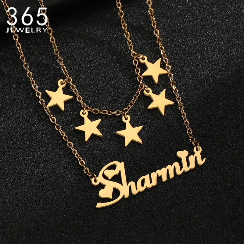 

Fashion Stainless Steel Jewelry Customized Double Layer Necklace Stars Charming Pendant Necklaces For Women Birthday Gift