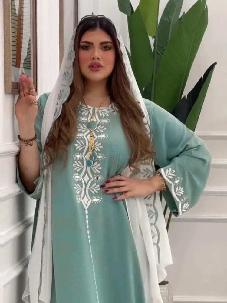 Eid Ramadan muślinowa sukienka imprezowa z czystym szalikiem kobiety Abaya Abayas Dubai Islam wieczorowa sukienka Kaftan szata Longue Vestidos Largos