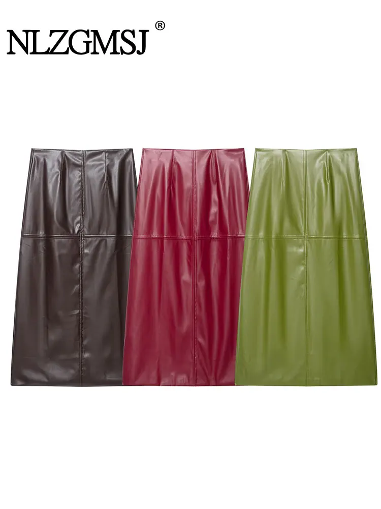 NLZGMSJ Women's 2025 Autumn Winter New Tricolor Zipper Retro Leather Skirts High Waist Split Leather Skirts