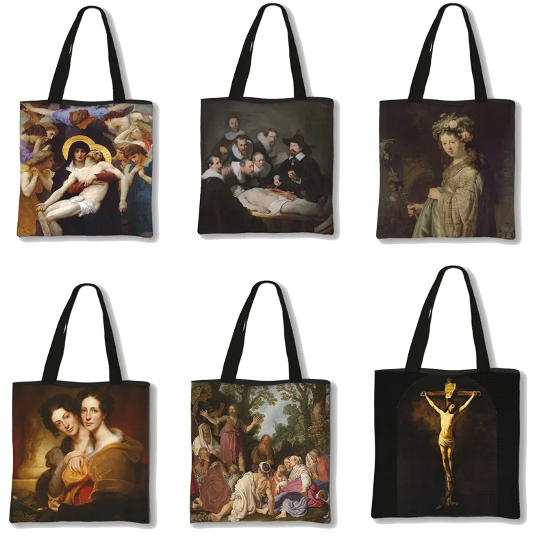 New Rembrandt Oil Painting Tote Bag Retro Art Fashion Travel Bag Women Portable Eco Shopping High Quality Foldable Handbag