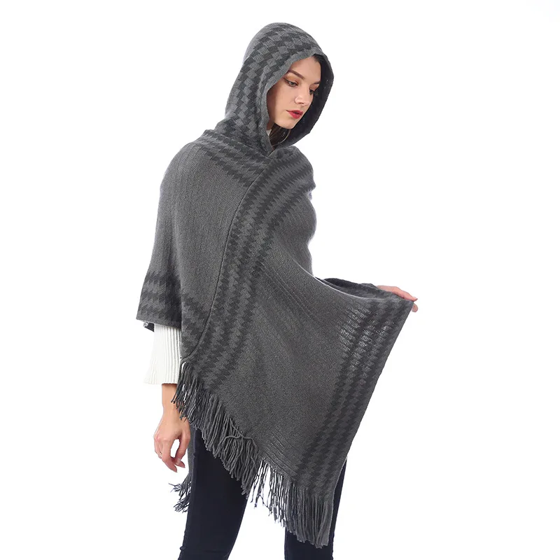 Women Spring Autumn Poncho Lady Knitted Hoodies Wrap Striped Pullover Loose Sweater with Tassel Fall  Shawl Wholesale Drop Ship