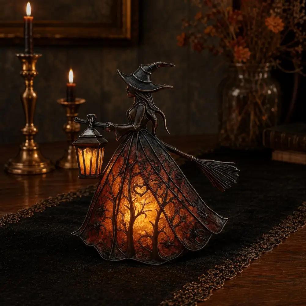 Halloween Witch Lamp Decoration, Gothic Holding Lantern Witch Light, Spooky Witch Night Lamp for Holiday Party Tabletop