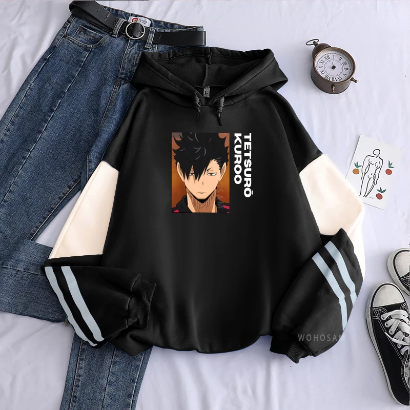 Tetsurou Kuroo Haikyuu Harajuku Anime Patchwork Sweatshirt Streetwear Long Sleeve Funny Manga Volleyball Boy Loose Casual Hoodie