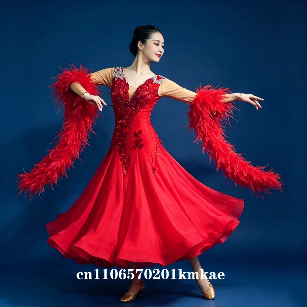 Red Feather Rhinestone Ballroom Dance Dress V Neck Long Sleeve Tango Waltz Competition Costume for Women