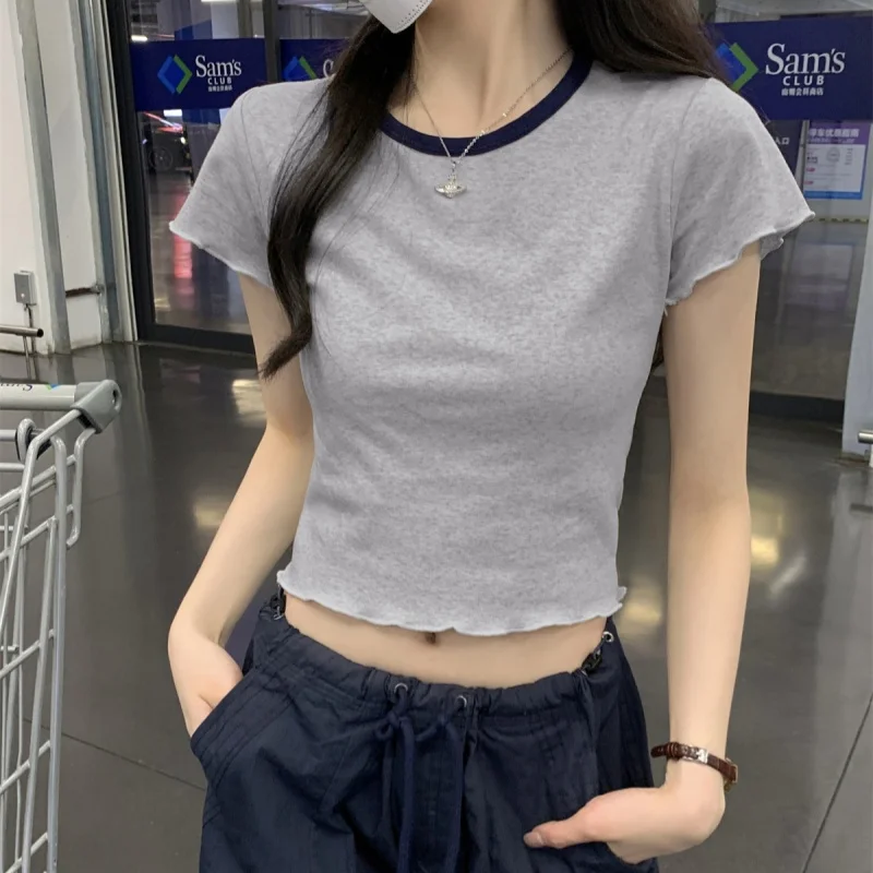Spliced Rolled Edge 2027 Crop Tops Women Y2K Slim Korean Fashion T-shirts Kpop Streetwear Sexy Tees Cheap Clothes Woman Tshirts
