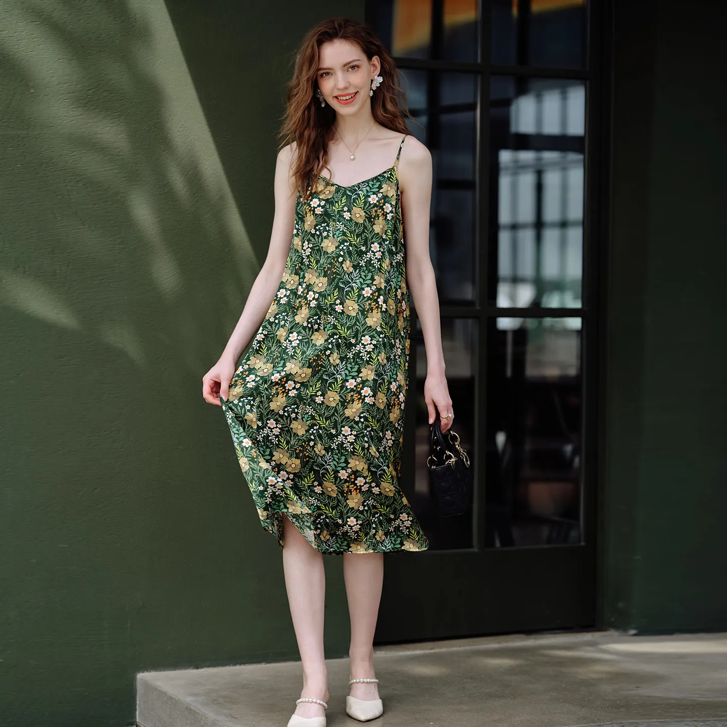 Natural Silk Print Camisole Nightdress Women Summer 100% Mulberry Silk Pajamas Vacation Dress Outerwear Chemise Slip Nightgown