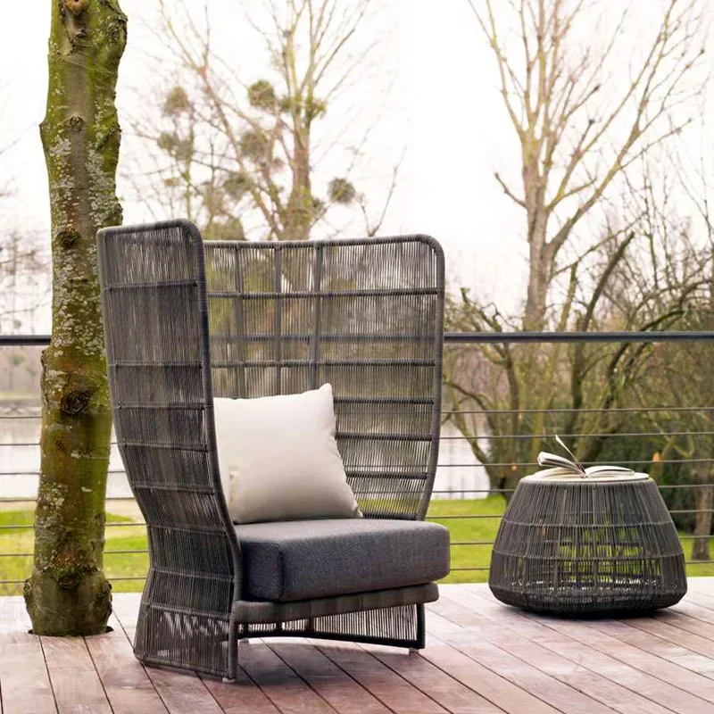 Outdoor Woven Loveseat Set: Textured Rope Frame, Navy Cushions+Side Ottoman, Weather-Resistant, Poolside/Terrace Seating Furnitu