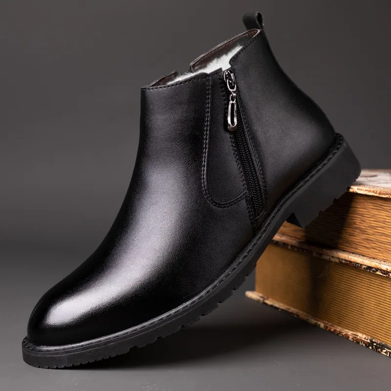 

Мужские ботинки, модные высокие ботинки из коровьей кожи, классические деловые ботильоны, зимняя плюшевая теплая хлопковая обувь, зимние мужские модельные ботинки