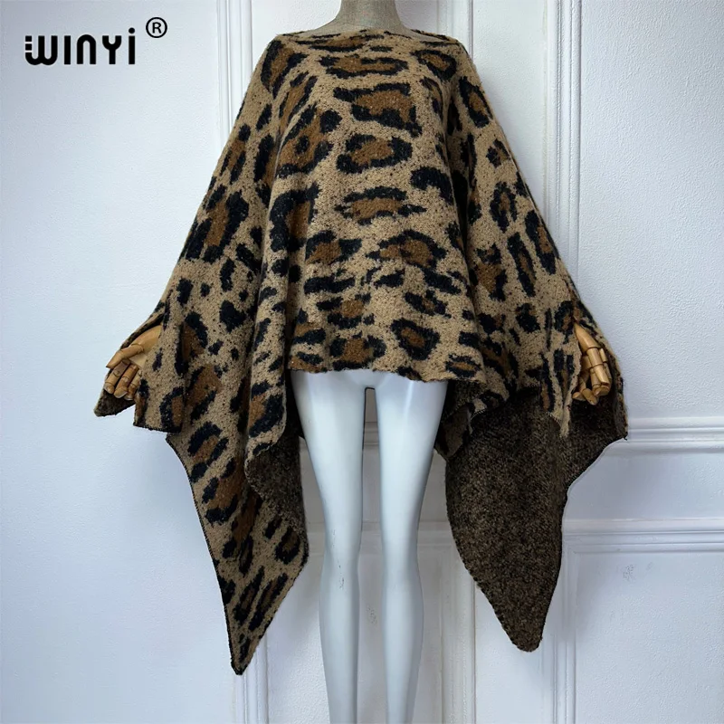 WINYI winter Warm dress black fashion cape Holiday dress Elegant party winter ponchos for women Leopard print irregular cloak