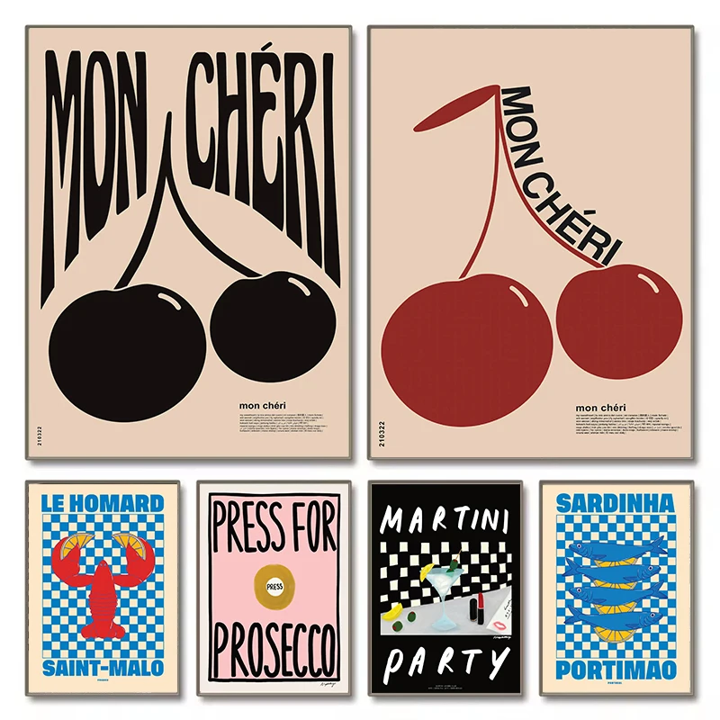 Retro Fine Art Maximalist Mon Cheri French Cherry Quotes Wall Art Canvas Painting Posters Prints Living Room Home Decor Gift