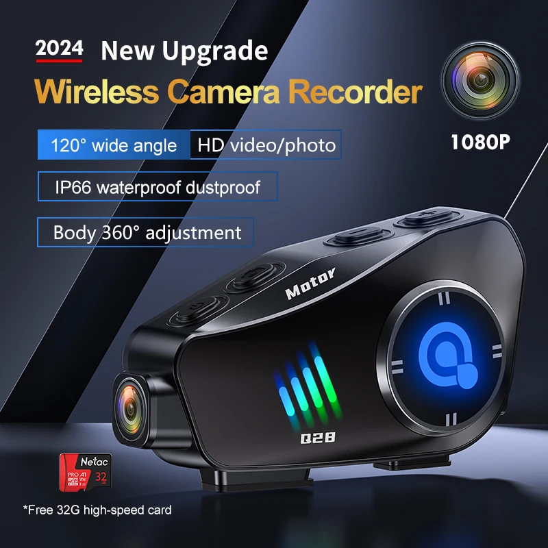 

Q28 Motorcycle Helmet Bluetooth Headset Waterproof Heaphone 1080P Wireless Camera Super Wide-angle Lens Dashcam TF Card as gift